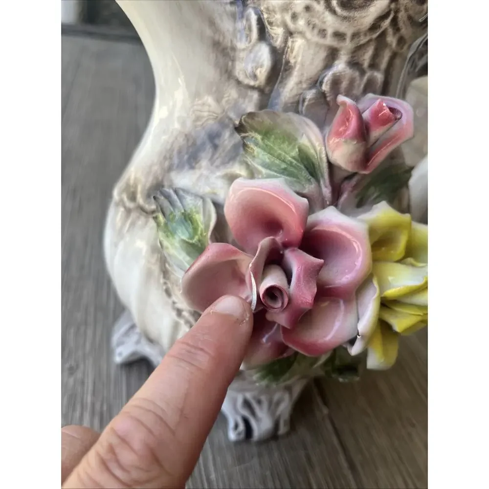 Capodimonte Porcelain Flower Pitcher With Lid Made In Italy. Pink Flower Is Chip